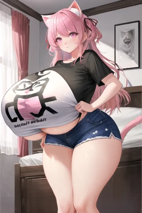 masterpiece, best quality, 1girl, (pink hair, long hair, detailed hair, cat ears, pink eyes:1.3), cute, bedroom, (black hair ribbons, t-shirt, shorts:1.2), (gigantic breasts bigger than body, bursting breasts:1.2)