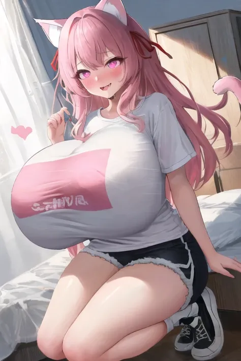 masterpiece, best quality, 1girl, (pink hair, long hair, detailed hair, cat ears, pink eyes:1.3), cute, (horny heart eyes, blushing, drooling, excited, extremely horny face:1.1), bedroom, (black hair ribbons, t-shirt, shorts:1.2), (gigantic breasts bigger ...