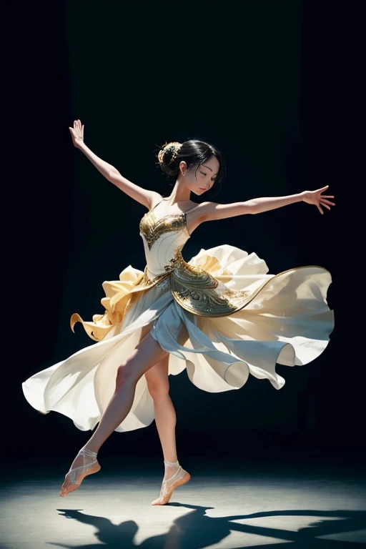 Images capture moments of pure elegance and elegance. subject, young woman, I&#39;m in the middle of a dance, Her body is、Poised in a dynamic pose that suggests movement and energy. 彼女は白いdressを着ています, Gold accents give a sophisticated look. dress, with a fl...