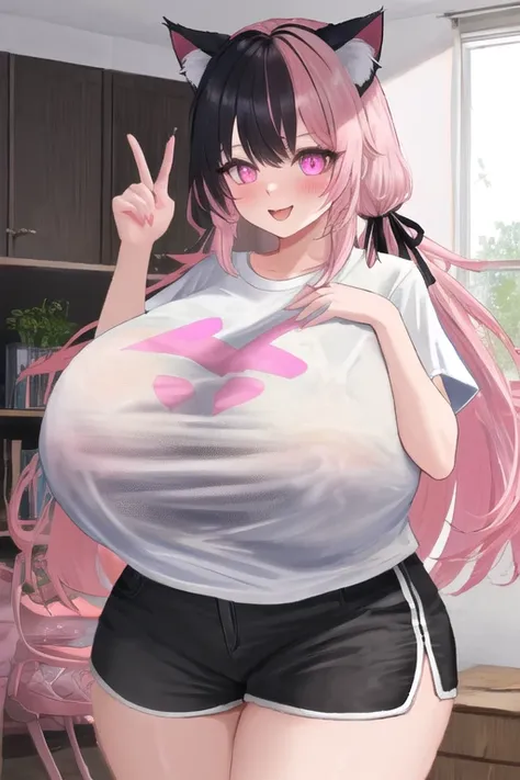 masterpiece, best quality, 1girl, (pink hair, long hair, detailed hair, cat ears, pink eyes:1.3), cute, (horny heart eyes, heavy blushing, excited, extremely horny face:1.1), bedroom, (black hair ribbons, t-shirt, shorts:1.2), (gigantic breasts bigger than...