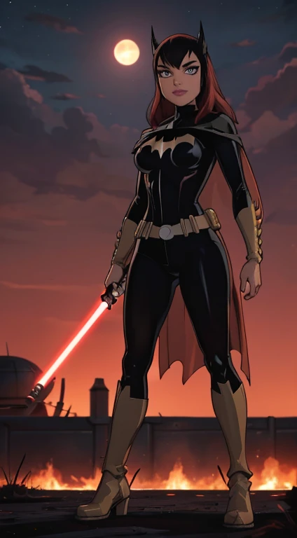 Beautiful female warrior stands with lightsaber in burnt field at night　Turn、Look at me with a sexy smile　　Bright red sky, Big Moon　Smooth black hair　full body Esbian　Looking at the camera, barbara gordon  face