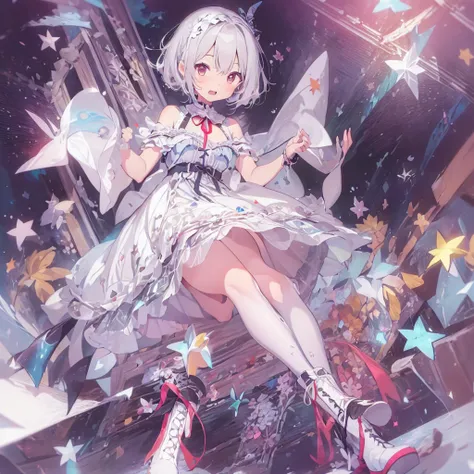 1girl、vtuber-fullbody、Star Fairy、Masterpiece、Official Art、Super detailed、super beautiful、white straight short hair、Baby Face、Knee-high boots、Houndstooth pattern、Off-the-shoulder A-type dress、