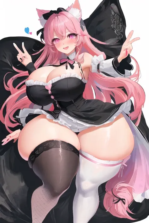 masterpiece, best quality, 1girl, (pink hair, long hair, detailed hair, cat ears, pink eyes:1.3), cute, (horny heart eyes, heavy blushing, excited, extremely horny face:1.1), bedroom, (black hair ribbons, black and white gothic dress:1.2), (topheavy, gigan...