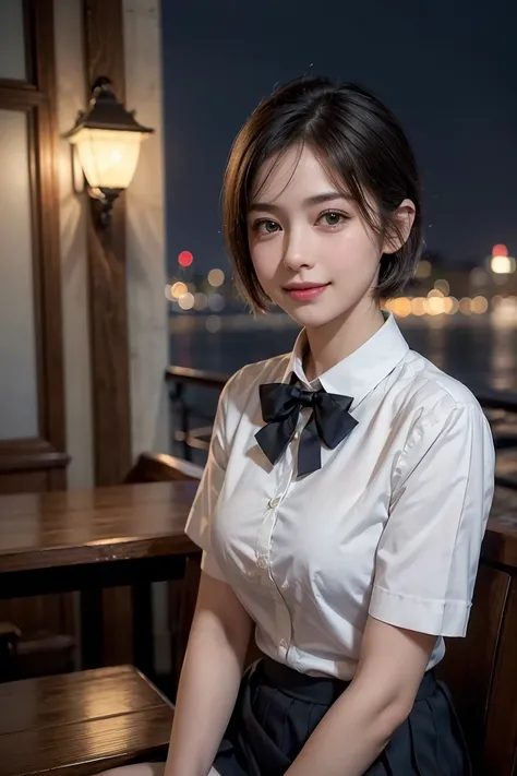 (8k, RAW photo, best quality, masterpiece:1.2), (realistic, photo-realistic:1.37), ultra-detailed, 1 girl,cute, solo,beautiful detailed sky,detailed cafe,night,sitting,dating,(nose blush),(smile:1.1),(closed mouth), medium breasts,beautiful detailed eyes,(...