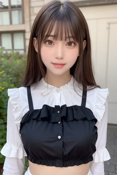 masterpiece, Best Quality, One girl, (a beauty girl, delicate girl:1.3),  Very fine eye definition, (Symmetrical eyes:1.3), (ruffle blouse, white blouse:1.3), small breasts, Brown eyes, Parted bangs, Brown hair, petit girl, (eyes and faces with detailed:1....