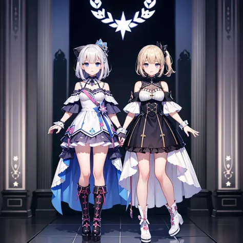 1girl、vtuber-fullbody、star fairy、masterpiece、official art、super detailed、super beautiful、white straight short hair、baby face、kne...