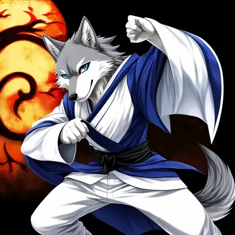 masterpiece, solo, furry gray wolf, teen, gray fur, white facial fur, blue eyes, ichigos outfit, zampakutou, soul society, bleach, nice pose, japan background