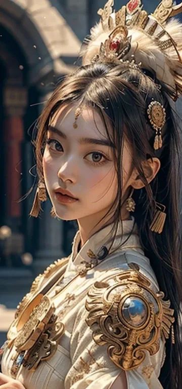 A noblewoman dressed in elegant Chinese clothing and jewelry, with a close-up of her graceful face bathed in the warm sunlight. Her clear and refined features are showcased against the clean white background, making for an exquisite masterpiece of super de...