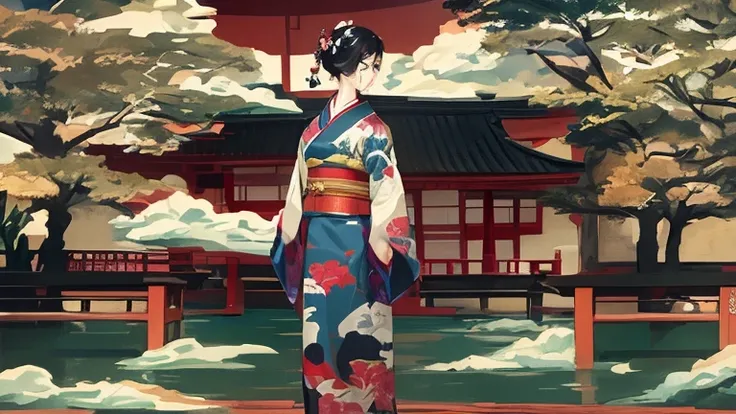 A painting of a woman in a kimono standing on a boat, The art of Japan style, inspired by Utagawa Hiroshige II, In the Ukiyo-e art style, inspired by Koson Ohara, The art of Japan art, Ukiyo-e style, Ukiyo-e style, The art of Japan, feudal japan art, The a...