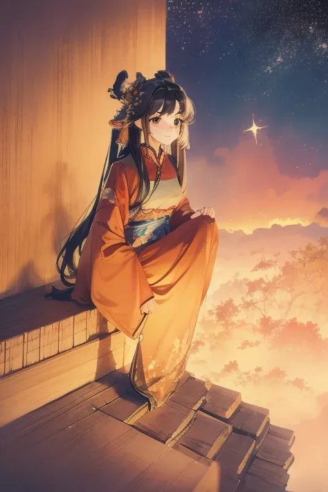 1 girl wearing chinese clothes outdoors， late， starry sky， panoramic， wind景， horizon， roof， sitting on the roof， wind