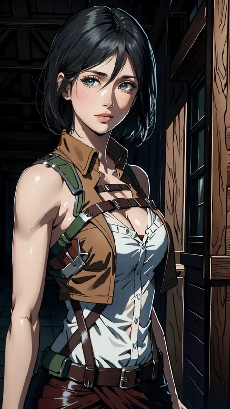 cleavage, 4k image, (masterpiece:1.2, best quality), photorealistic, (hyperrealistic:1.2), beautiful, Mikasa from AOT