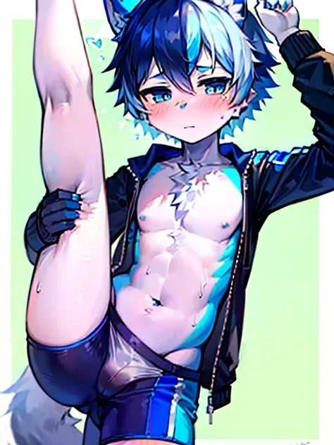 1 boy, Wolf,young people，Blue fur, young people, blue eyes, Messy hair, blue white hair, short hair, masterpiece，Topless，Plain white briefs，blush，Looking at the camera