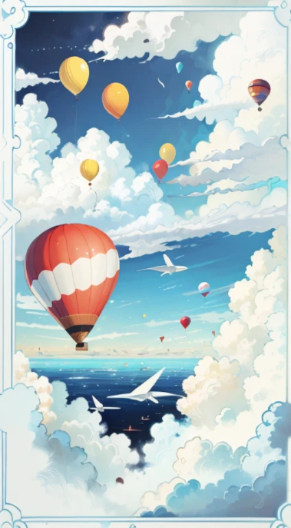 A , sitting on paper plane, Flying in the clouds, balloon, Blue sky and white clouds, Looking at the camera