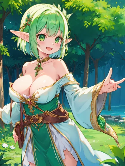 Girl、Fantasy World、Elf Ears、Fairy clothes、Green Eyes、Open Mouth Smile、Off the shoulder、Open-chested clothing、Big Breasts