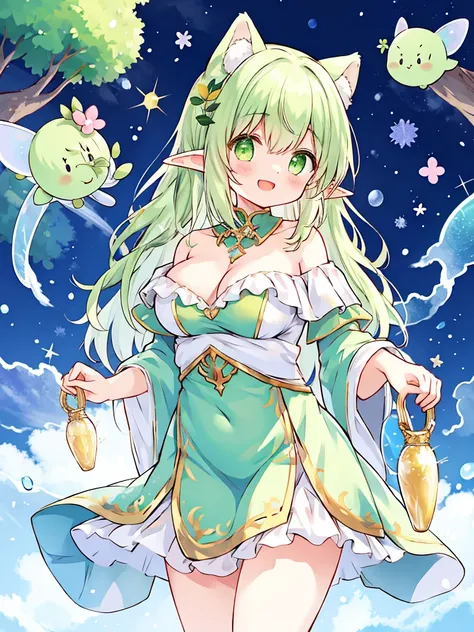 Girl、Fantasy World、Elf Ears、Fairy clothes、Green Eyes、Open Mouth Smile、Off the shoulder、Open-chested clothing、Big Breasts