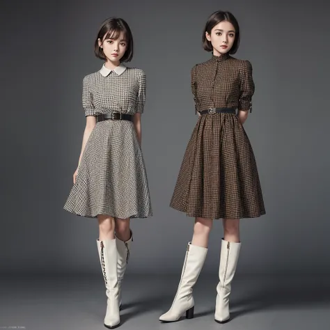 1girl、Standing in front of the viewer、Masterpiece、Official Art、high waist、Brown and dark brown houndstooth A-line dress、Dark piping、Super detailed、super beautiful、white straight short hair、Baby Face、Knee-high boots、