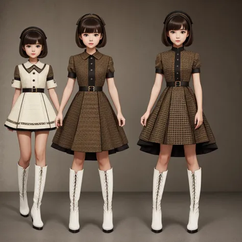 1girl、Standing in front of the viewer、Masterpiece、Official Art、high waist、Brown and dark brown houndstooth A-line dress、Dark piping、Super detailed、super beautiful、white straight short hair、Baby Face、Knee-high boots、