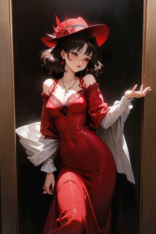 Akina Nakamori、Red Lace Dress、Age 25、Beautiful woman、sexy、White cross necklace on chest、Gothic style、miniature small hat、Sharp and cute、Beautiful woman、Superior、Gaos Pose