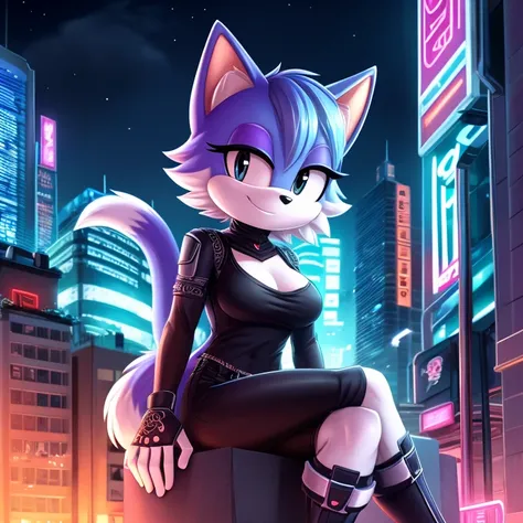 female mobian, night, neon city, cyberpunk city, futuristic city, turquoise cat mobian, mobian, black eyes, small nose, bob haircut, short hair, turquoise fur, white belly fur, fluffy tail, long tail, medium breasts, smirk, sitting, futuristic clothings, a...