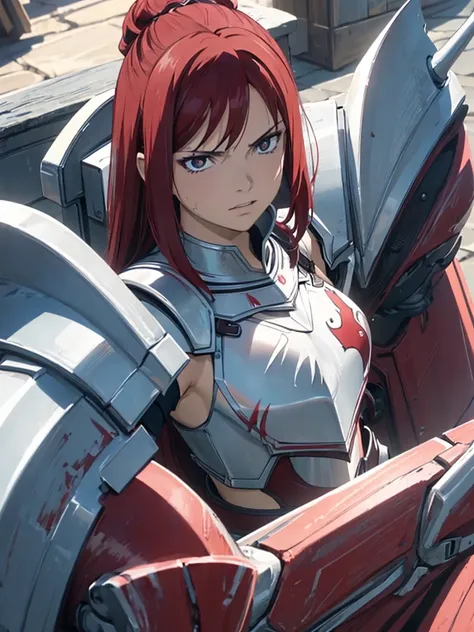 (masterpiece, top quality, best quality), 4k, perfect-lighting, symmetrical face, solo, Erza Scarlet, devastating look, red hair, breasts, knight armor, cowboy shot