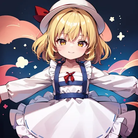 masterpiece, best quality, 1 girl, , , 12 years old, white hat, red ribbon, middle blonde hair, golden eyes, short puffy sleeves, white clothes, white apron, red ribbon tie, blue skirt, blue ruffles, collarbone, gentle smile, Kana Anaberal, Poltergeist, pi...