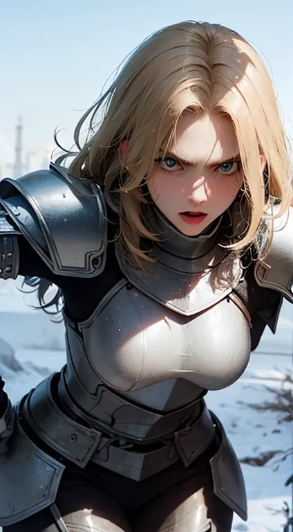 beautiful woman, blonde, blue eyes, knight, armor, angry
