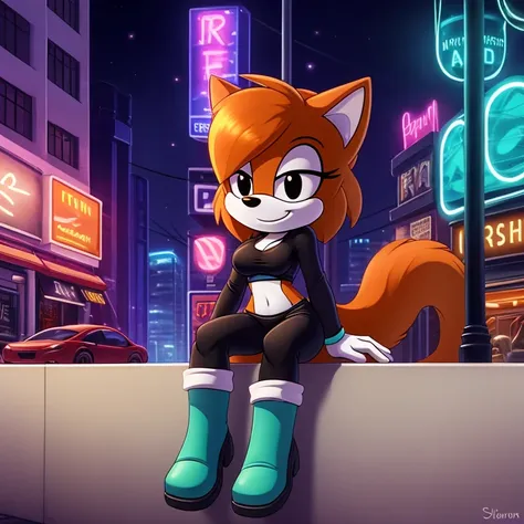 female mobian, night, neon city, cyberpunk city, futuristic city, turquoise cat mobian, mobian, black eyes, small nose, bob hair...