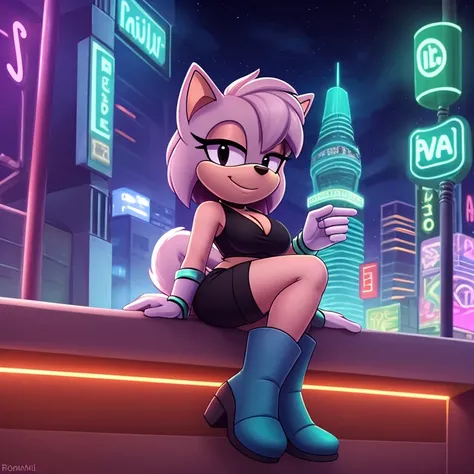 female mobian, night, neon city, cyberpunk city, futuristic city, turquoise cat mobian, mobian, black eyes, small nose, bob haircut, short hair, turquoise fur, white belly fur, fluffy tail, long tail, medium breasts, smirk, sitting, futuristic clothings, a...