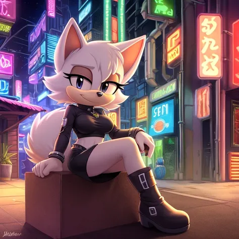 female mobian, night, neon city, cyberpunk city, futuristic city, turquoise cat mobian, mobian, black eyes, small nose, bob haircut, short hair, turquoise fur, white belly fur, fluffy tail, long tail, medium breasts, smirk, sitting, futuristic clothings, a...