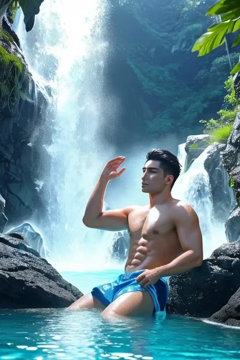 Handsome sexy Man bathing under water falling from a waterfall.. Crystal clear water. Hyper-detailed. High quality. 8k