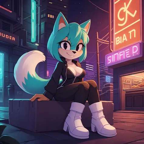 female mobian, night, neon city, cyberpunk city, futuristic city, turquoise cat mobian, mobian, black eyes, small nose, bob haircut, short hair, turquoise fur, white belly fur, fluffy tail, long tail, medium breasts, smirk, sitting, futuristic clothings, a...