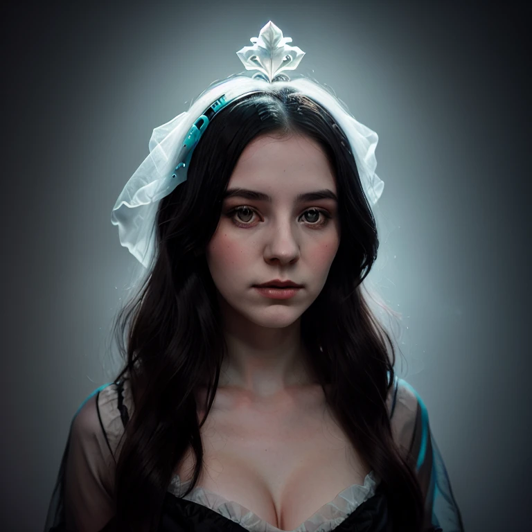 [A young Woman, 24 years old] in the style of simplified and stylized portraits, ethereal, ghostly
figures, trapped emotions depicted
solarizing master, victorian-inspired
illustrations, bold graphic illustrations
redshift