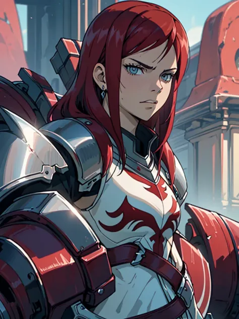 (masterpiece, top quality, best quality), 4k, perfect-lighting, symmetrical face, solo, Erza Scarlet, devastating look, red hair, breasts, knight armor, cowboy shot