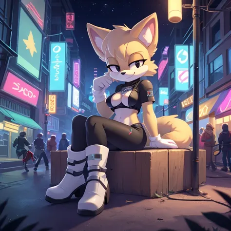 female mobian, night, neon city, cyberpunk city, futuristic city, turquoise cat mobian, mobian, black eyes, small nose, bob hair...