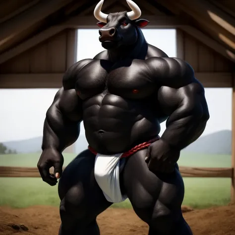 Furry Negro, Antro, Black Dark BullL ,( Male No Muscle) Bull, Tight Fundoshi, hooves, (Furry Black Dark), Solo, (Cuerpo Completo), Toro, Tail Bull, (Tail bovine), Tight (fundoshi white), bulto macho, Big Balls , Fondo Granja Farm, (Fundoshi Ajustado Blanco...