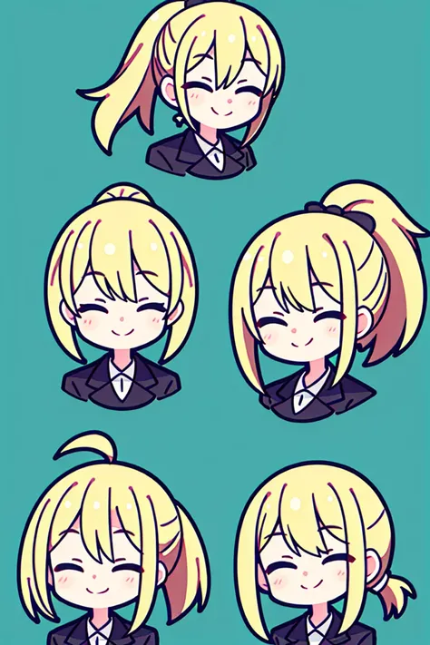 blonde ponytail, closed eyes, smile , neutrality ,1 woman