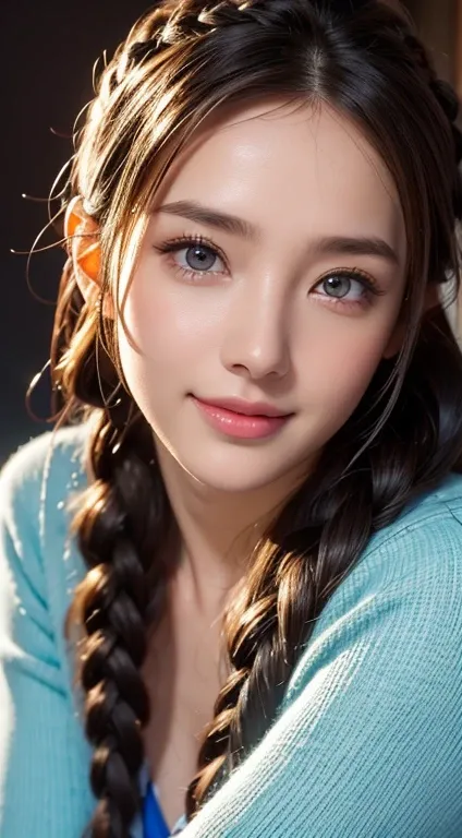 ((A beautiful woman in a light blue cardigan and mini dress))，full Body Portrait、8K，Eyes in Beautiful Details，dingdall effect、​masterpiece, top-quality, hightquality, hight resolution、hyperdetailed photo、(natural skin textures、Detailed skin、Hyper-Realism、u...