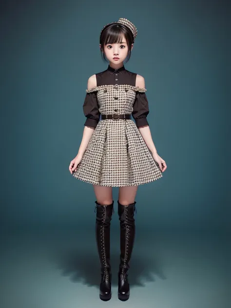 1girl、standing in front of the viewer、masterpiece、official art、high waist、brown and dark brown houndstooth a-line dress、dark pip...