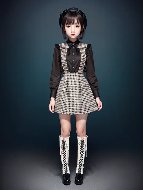 1girl、standing in front of the viewer、masterpiece、official art、high waist、brown and dark brown houndstooth a-line dress、dark pip...