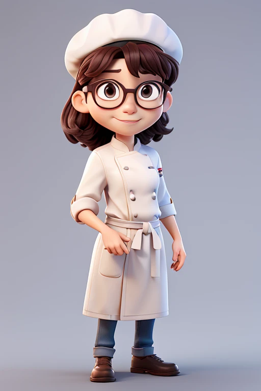 bakery、wearing a white chef costume、 wearing a white chef&#39;s hat、 30 years old、Wearing glasses、sense of cleanliness、kind、Anime characters、comics、3D、3D illustration style、3D Rendering、3 heads、Plain background、