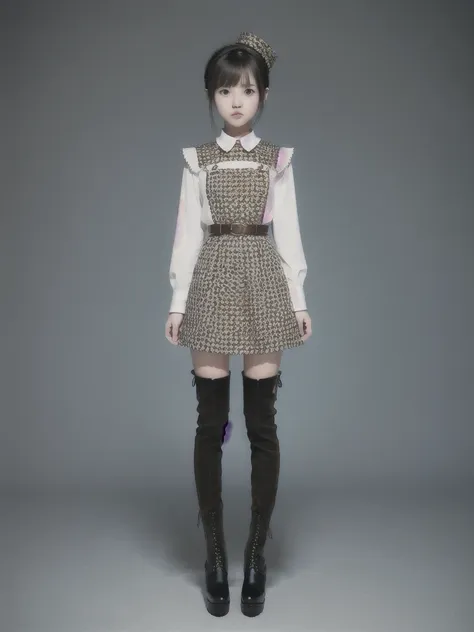 1girl、standing in front of the viewer、masterpiece、official art、high waist、brown and dark brown houndstooth a-line dress、dark pip...