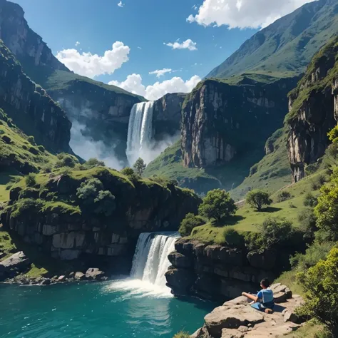 A boy sitting on the edge of a mountain  bluish sky and waterfalls on the right closing his eyes and just staying blissed in a it should look like a real image of 