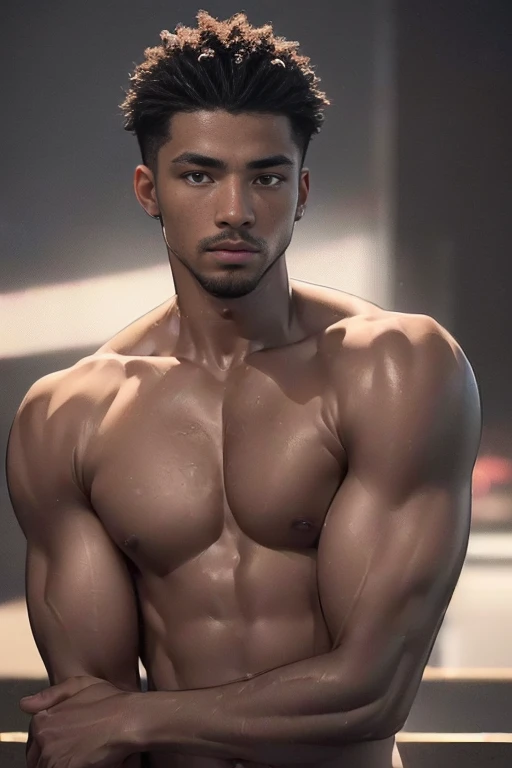 (best quality, 8k, highres, photorealistic:2.0), (solo),(one male:2.0),(black men:1.5),(shirtless black man),(short hair men),(black men hairstyle),(very muscular),(looks young)