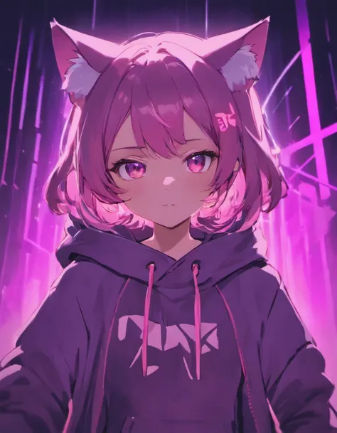 Gel lighting illuminated by pink and purple neon lights on a dark background, with an anthropomorphic cat wearing a hood, sunglasses and headphones as the main subject.