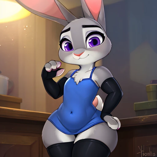 ((Judy hopps female  )), wearing short dress, big wide hips , armwear , Purple pupils , 