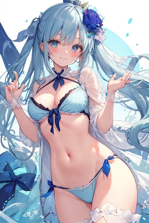 Beautiful illustrations, highest quality, pretty girl,beautiful girl、clear face、 Half-Japanese girl、pastel colour 、blush、Perfect hands、Five fingers、Fantasy、Fantasy、Thighs、(Perfect Face:1.1), smile、Simple swimsuit、bikini