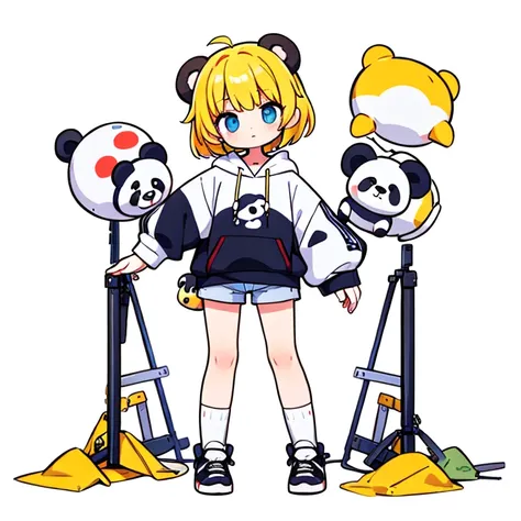 Small children、yellow hair、Holding a small stuffed panda in his right arm、short hair、hoodie、Shorts、Wear long socks、Stand up and look here、alone、White background