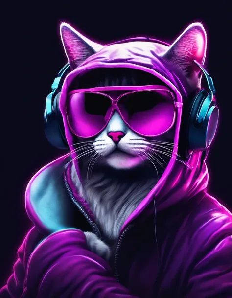 Gel lighting illuminated by pink and purple neon lights on a dark background, with an anthropomorphic cat wearing a hood, sunglasses and headphones as the main subject.”