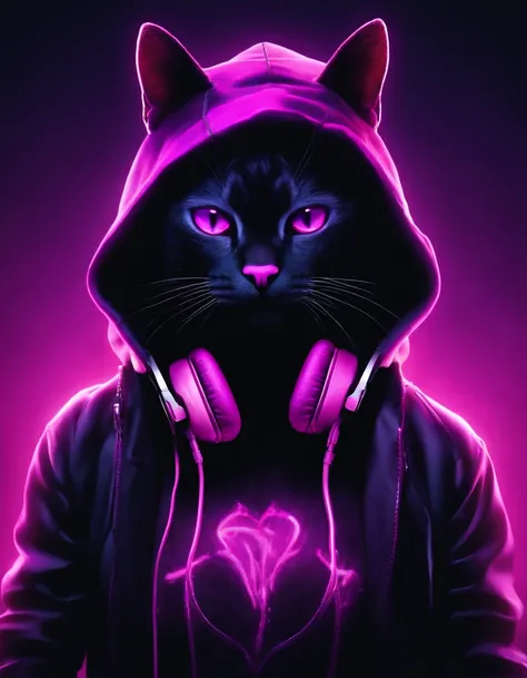 Gel lighting illuminated by pink and purple neon lights on a dark background, with an anthropomorphic cat wearing a hood, sunglasses and headphones as the main subject.”