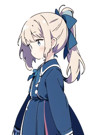 expressionless face，anime style，profile，white background，ponytail，ribbon, one girl,uniform，blue archive